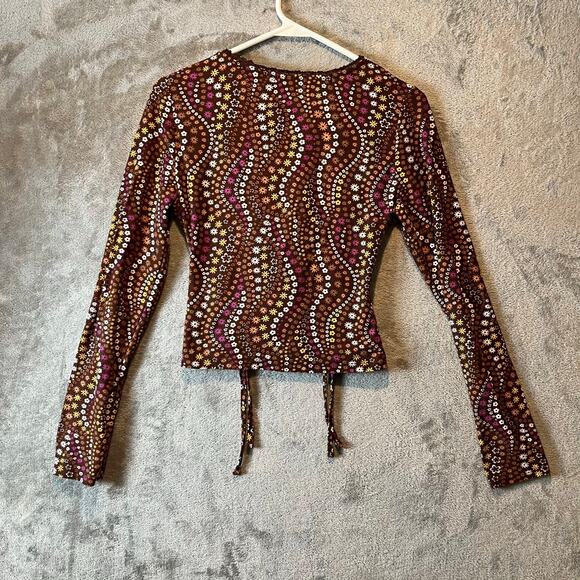 Vintage Y2K Brown Mesh Ruched Tie Front Long Sleeve Top Retro Floral Boho Small - Picture 4 of 5